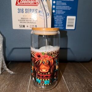 Coleman Leopard Print Glass Tumbler with Straw